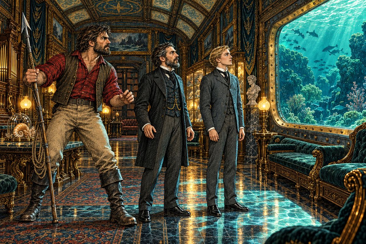 Later Ned Land and Conseil joined the Professor in the saloon. "We are sailing blindly in this iron prison!" grumbled Ned. At once every light went out. Something slid along the hull, and then two great crystal windows opened on both sides, showing the sea lit up for a mile around by the electric glow.