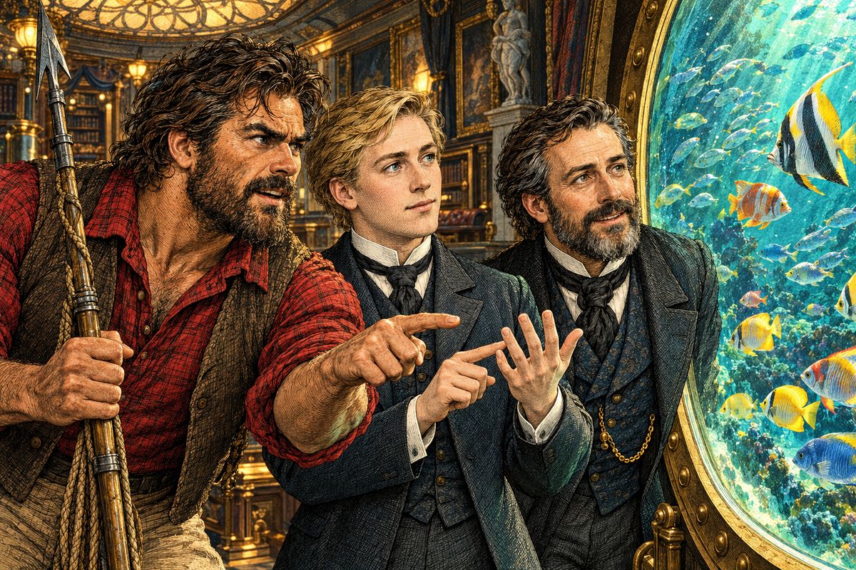 For two whole hours an army of fish swam alongside the Nautilus, drawn to the light: banded mullet, blue Japanese mackerel, gold-finned spares and long sea serpents. Forgetting his temper, Ned called out each one's name like an old fisherman, and Conseil calmly sorted each into its class, while Aronnax watched in delight.