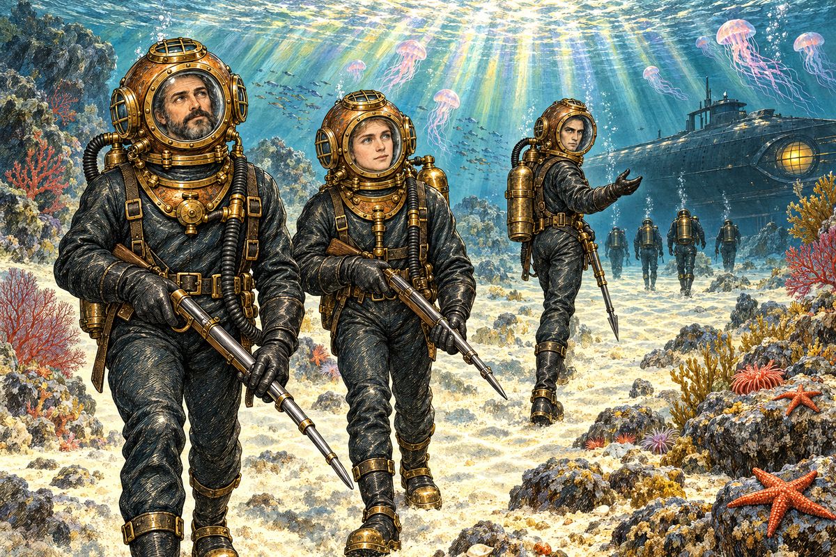 Air tanks were strapped to their backs, copper helmets screwed down and lamps hung at their belts. The divers were sealed in a dark chamber while the sea rushed in. Then an outer door opened, and they walked out onto the sand thirty feet down. There every rock, shell and flower was edged with rainbow colours by the slanting sun.