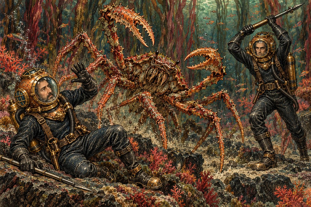 Deep in the forest of Crespo every weed and branch stood stiffly upright, like iron rods reaching for the surface. After a rest and a heavy sleep among the stalks, Aronnax woke to find a monstrous sea-spider, more than three feet tall, crouched to spring at him. One blow from Nemo's gun-butt knocked it over.