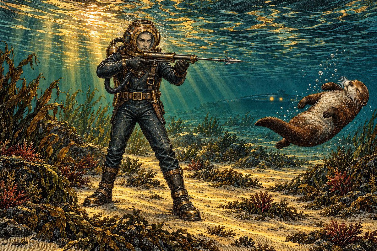 Nemo pushed on even deeper, lamps glowing, until a wall of granite marked the island's edge, a shore he would never set foot on. On the long climb back he suddenly raised his air-gun and fired. With a soft hiss the electric ball found its mark, and a magnificent sea-otter, five feet long, fell stunned among the seaweed.