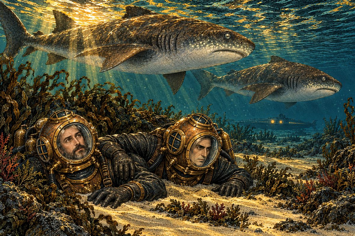 The Nautilus's lantern was already in sight when Nemo suddenly pushed Aronnax flat behind a bush of algae and lay still beside him. Two huge tintorea sharks glided overhead, glowing faintly at the snout, their fins brushing the divers. Their eyesight was poor, and they swam on. Half an hour later the hunters were safely aboard.