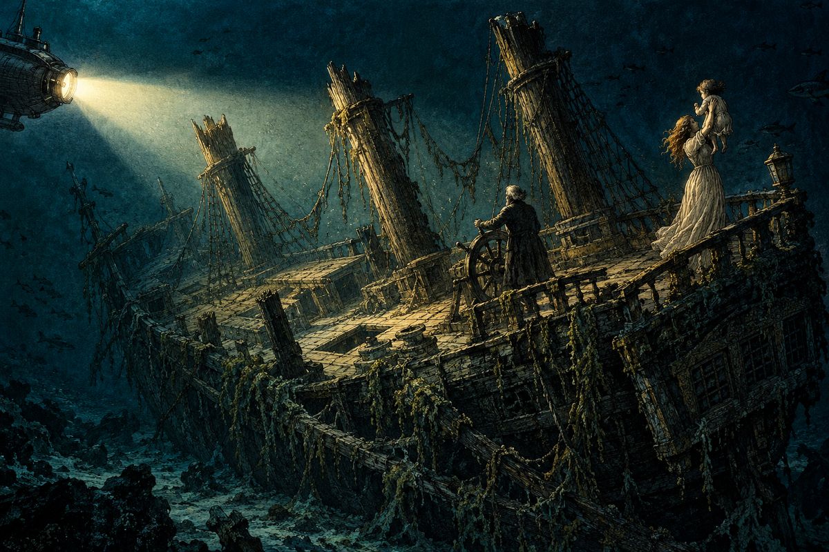 Weeks later, as the Nautilus crossed the South Pacific, Conseil called his master to the window. In the electric glare hung a ship that had sunk only hours before, its masts snapped off and its crew still tied to the deck. A young mother had lifted her baby above her head in one last effort. On the stern were the words "The Florida, Sunderland."