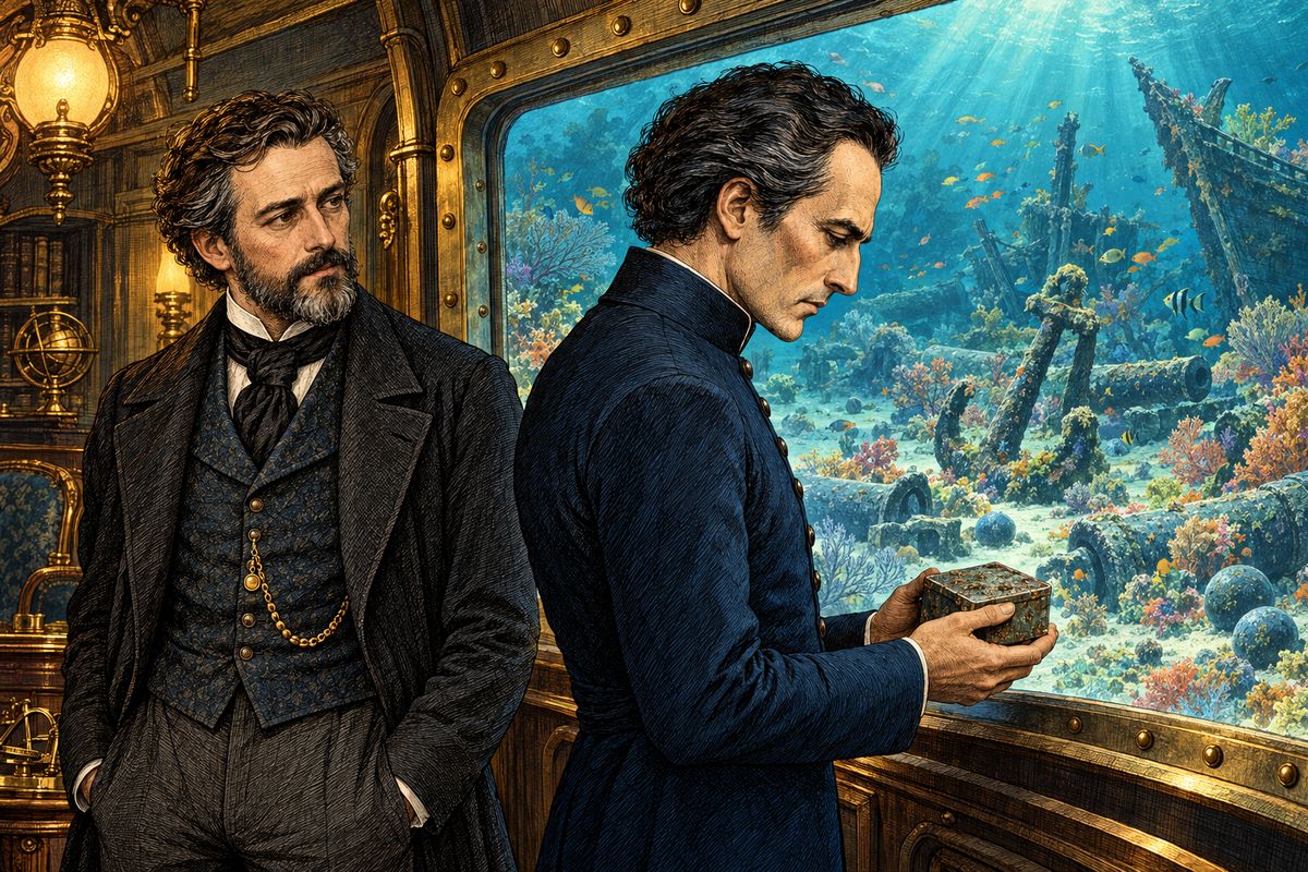 That wreck was the first of many. At Vanikoro, Nemo opened the saloon panels on the coral-covered anchors and cannons of La Pérouse's lost ships. From his pocket he brought out a corroded tin box of papers he had found where the explorer died. "A coral tomb makes a quiet grave," he said, "and I trust that I and my comrades will find no other."