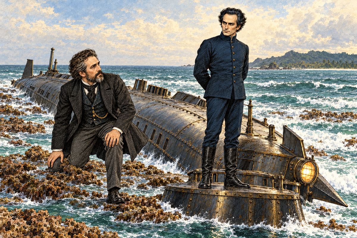 Leaving Vanikoro, the Nautilus raced past the Great Barrier Reef and into the Torres Strait, a maze of islets and coral. Near the island of Gilboa a shock threw Aronnax to the deck: the ship was stuck fast on a reef. Captain Nemo stayed calm. "An accident?" asked the Professor. "No," said Nemo, "an incident." The full moon's high tide, he said, would float her in five days.