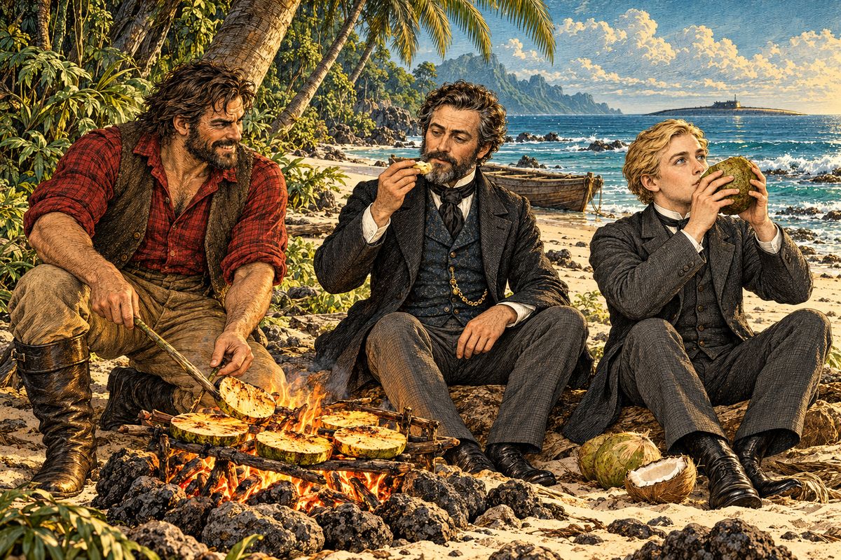 To Aronnax's surprise, Nemo let them go ashore. Conseil and Aronnax rowed while Ned steered through the breakers, longing for real meat. On the island Ned knocked down coconuts, then roasted slices of breadfruit over a crackling fire. "You will see, master, how good this bread is!" he boasted. It tasted like artichoke, and they ate with great relish.