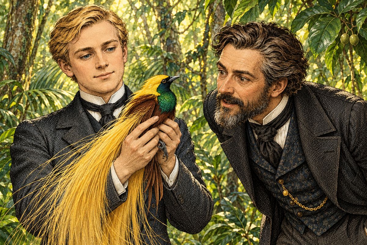 Next day they hunted deep in the forest. Ned shot a wild hog and a dozen small kangaroos, but the birds of paradise kept flying out of range. Then Conseil came back in triumph, carrying a magnificent emerald bird. "I have not deserved great merit," he admitted. "This bird is as drunk as a quail." It had gorged on nutmegs and could hardly walk.
