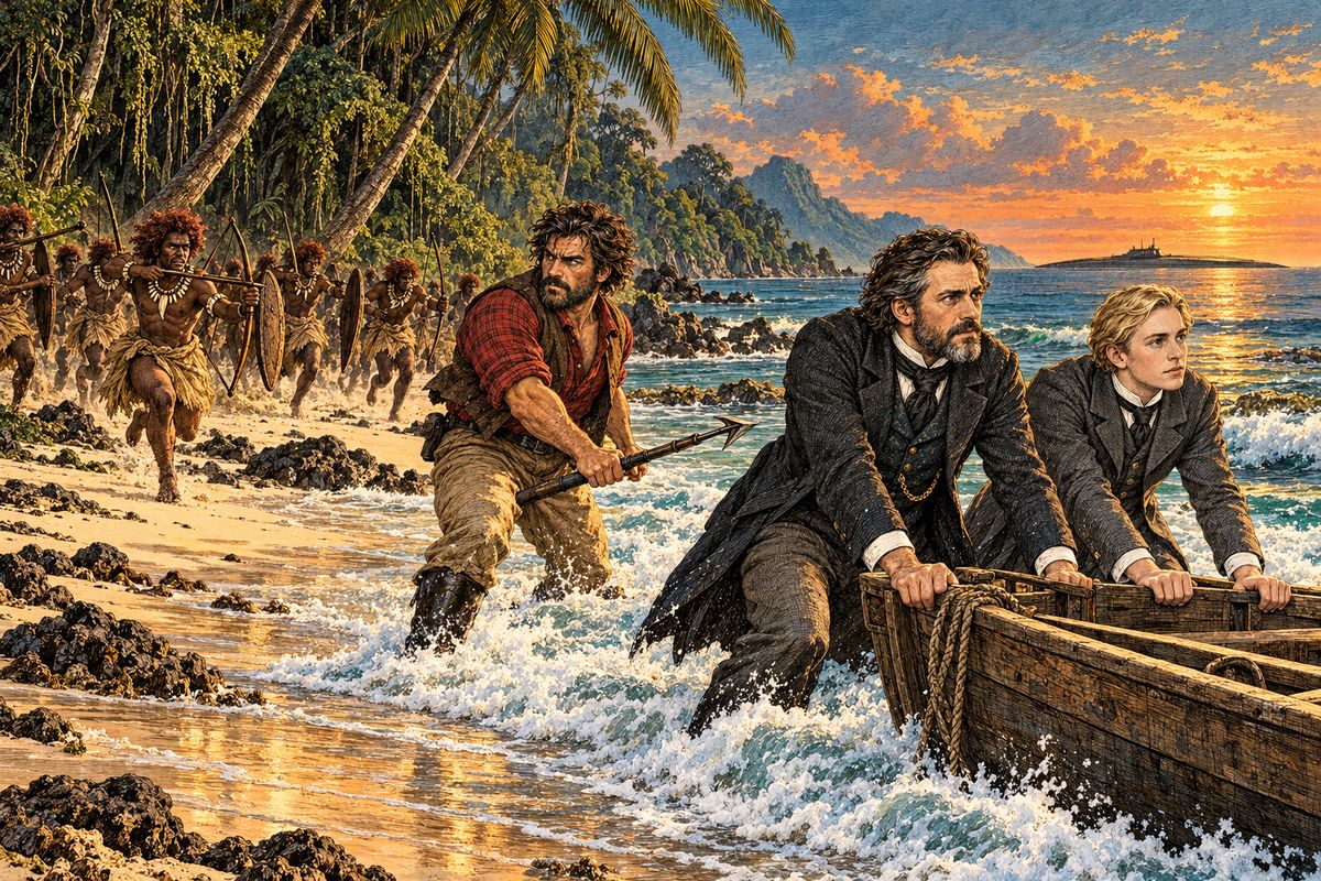 That evening they feasted on the beach, and Conseil and Ned wondered aloud whether to return to the Nautilus at all. Just then a stone fell at their feet. About twenty islanders with bows and slings appeared at the forest's edge. "To the boat!" cried Aronnax. Ned grabbed his pig and kangaroos, and they rowed off as a hundred islanders waded in after them.