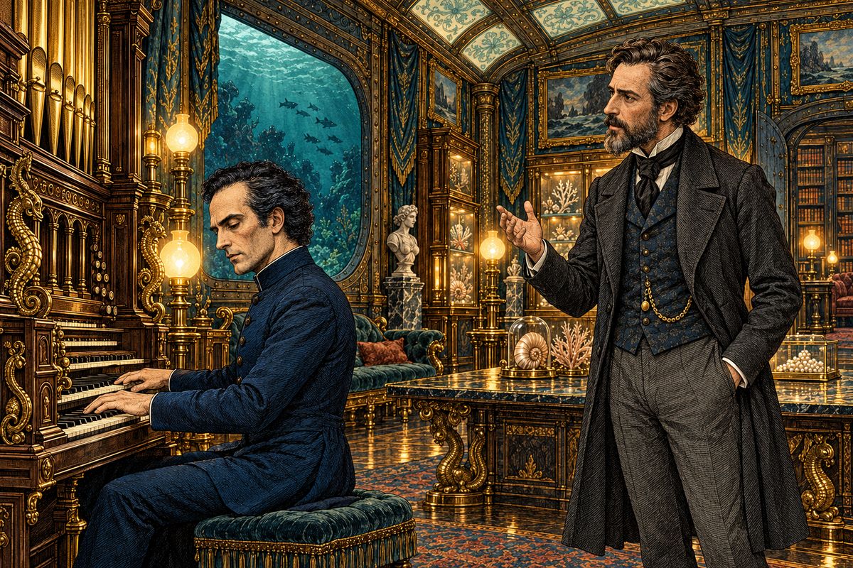 Aboard, Aronnax found Captain Nemo lost in music at his organ. "When all the natives of Papua are assembled on this shore," Nemo said, "the Nautilus will have nothing to fear." Next day a score of canoes circled the stranded ship and arrows rained on her hull. Nemo simply had the hatches closed and promised they would float at twenty minutes to three tomorrow.
