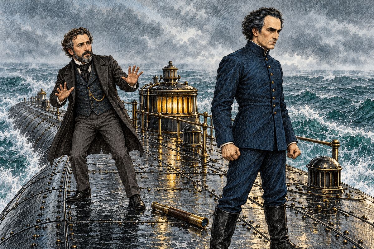 On 18 January, under a stormy sky, Captain Nemo stared for a long time at some point on the empty horizon. When Aronnax raised his own telescope, Nemo snatched it from him, shaking with fury. "You must be confined, with your companions," he ordered. Locked in their old cell, the three men ate breakfast and fell into a heavy, drugged sleep.