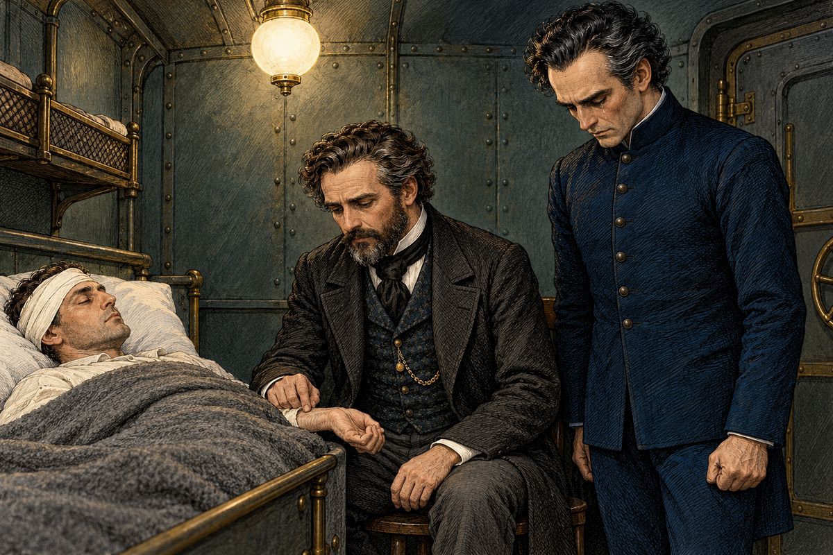 Aronnax woke the next day in his own room, free again. That afternoon a weary Nemo asked whether he was a doctor and led him to a crewman with a terrible head wound. "He will be dead in two hours," Aronnax said quietly. "Nothing can save him." Tears shone in the eyes of a man he had thought could never weep.