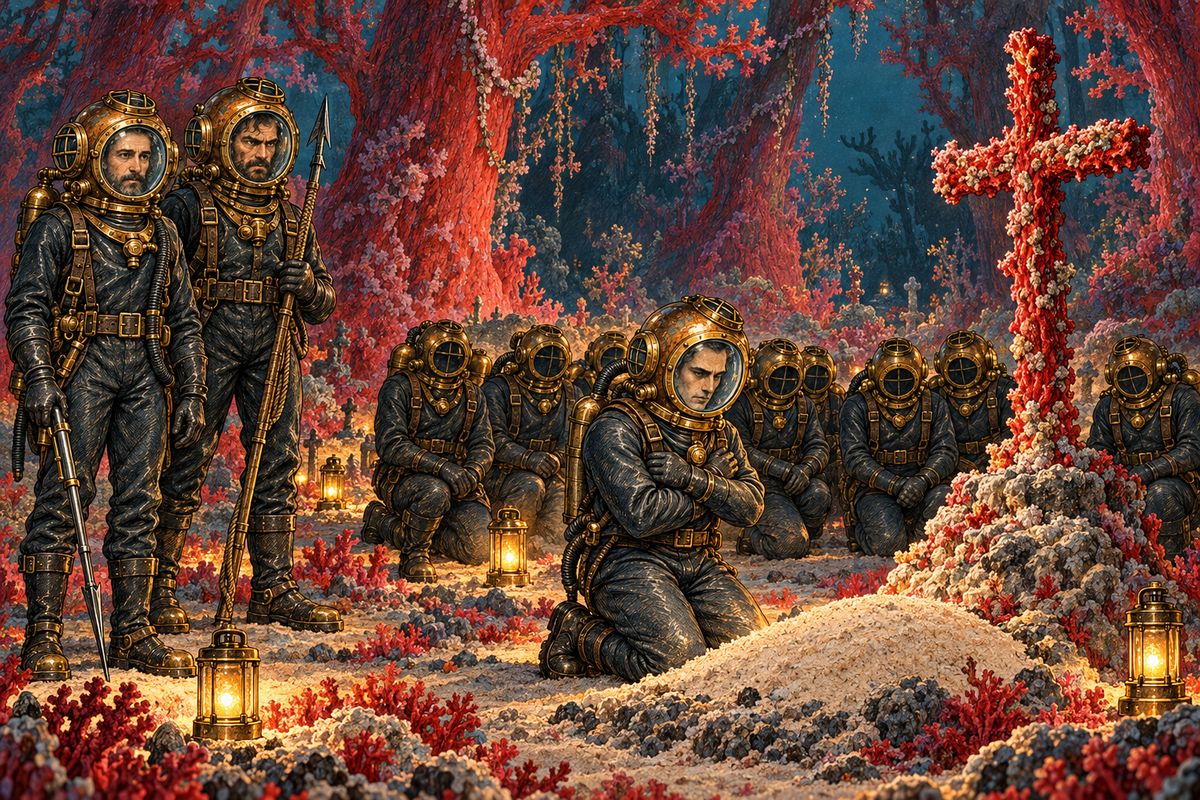 Next morning the three friends followed Nemo and a dozen of his men in diving dress, down through a forest of blood-red coral. In a glade stood a cross of coral. There the crew buried their shipmate, wrapped in white linen, and knelt to pray. Later Nemo said, hiding a sob, "The polypi undertake to seal our dead for eternity."