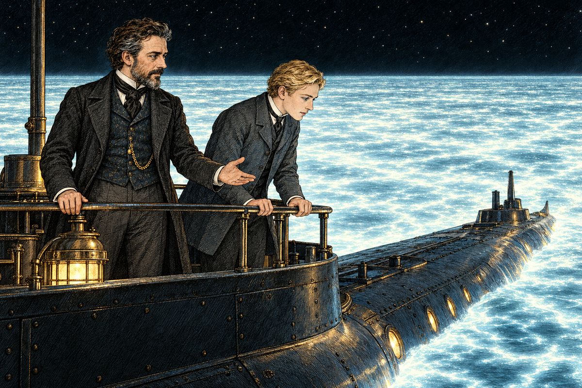 Westward across the Indian Ocean the wonders went on. One dusk a fleet of argonauts sailed past like tiny ships, then dived all at once. Another night the Nautilus glided through a sea as white as milk. "Myriads of tiny glowing creatures, my boy," Aronnax told the astonished Conseil, "stretching sometimes for leagues."