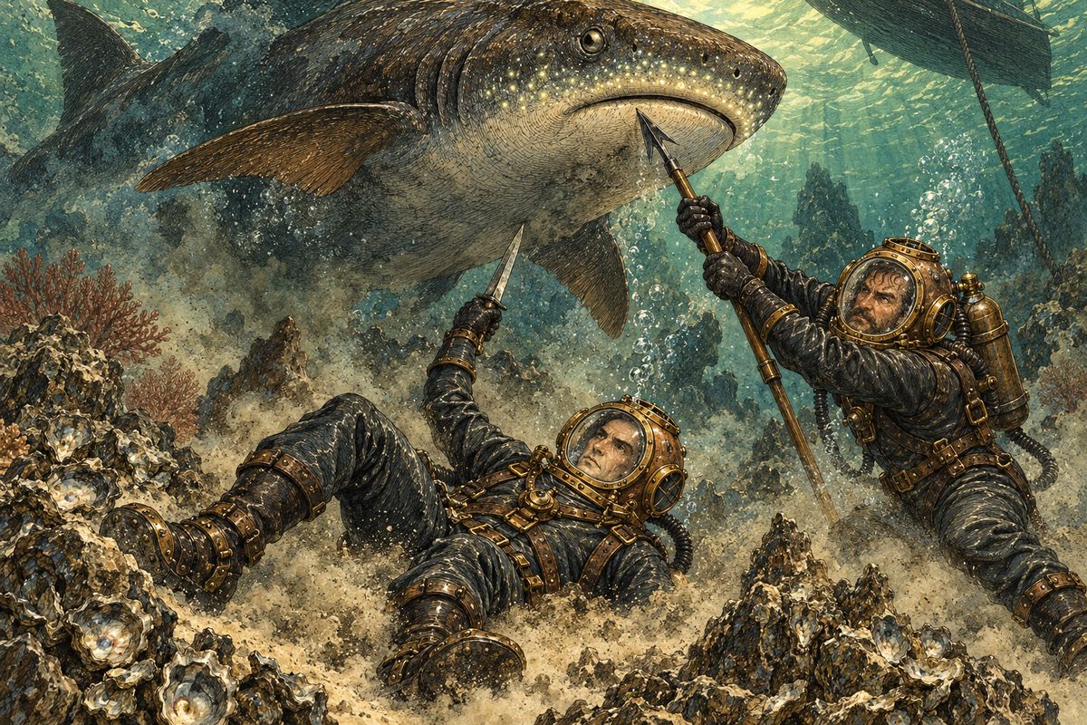 Hidden behind a rock, they watched a poor Indian diver gathering oysters. Suddenly a huge shark shot at him and knocked him to the ground. Nemo rose, dagger in hand, and fought the monster, but its great weight bore him down onto the sand. Quick as thought, Ned Land rushed in and drove his harpoon into the shark's heart.