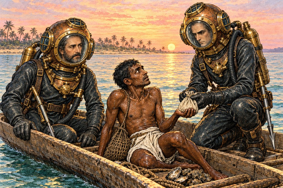Nemo cut the fisherman's rope and carried him up to his canoe, where they rubbed him back to life. He opened his eyes to see four copper heads bending over him, and Nemo put a bag of pearls into his trembling hand. "That Indian is an inhabitant of an oppressed country," Nemo later told Aronnax, "and I am still one of them!"