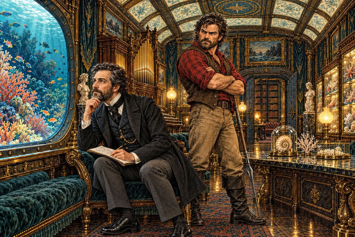 The Nautilus slipped through the Gate of Tears into the Red Sea, and Aronnax spent happy hours at the saloon window among gardens of bright coral. Ned Land could not settle. "The Red Sea is as much closed as the Gulf," he grumbled, pacing. "It is no road back to Europe."