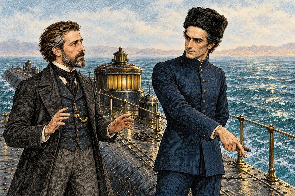 Ned had his harpoon at last, taking a huge dugong after a wild chase in the pinnace. Then, on the platform, Captain Nemo calmly told Aronnax they would reach the Mediterranean in two days, not around Africa but beneath Suez, through a hidden passage. "I have named it the Arabian Tunnel."