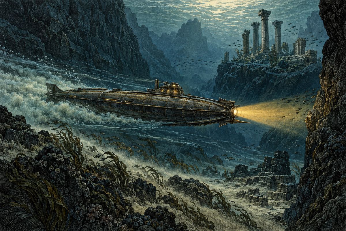 Captain Nemo stayed out of sight as the Nautilus crossed the whole Mediterranean in forty-eight hours, racing at twenty-five miles an hour, far too fast for Ned Land to launch the boat. Before sunrise on 18 February it rode the deep current through the Straits of Gibraltar and slid out into the Atlantic.