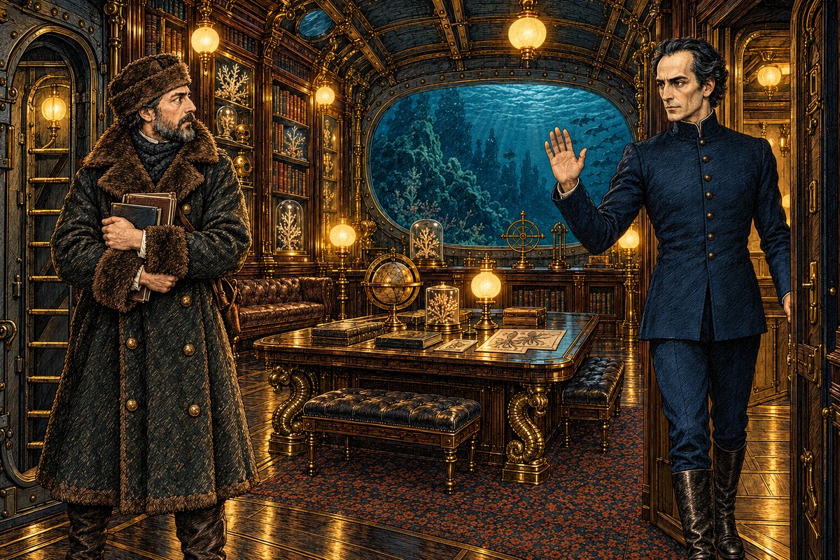 Off Portugal, Ned whispered, 'It is for to-night.' At nine o'clock Aronnax, dressed for the sea, waited by the library door for his signal. Instead the screw fell silent, the Nautilus settled on the bottom, and Captain Nemo walked in, asking calmly, 'Do you know the history of Spain?'