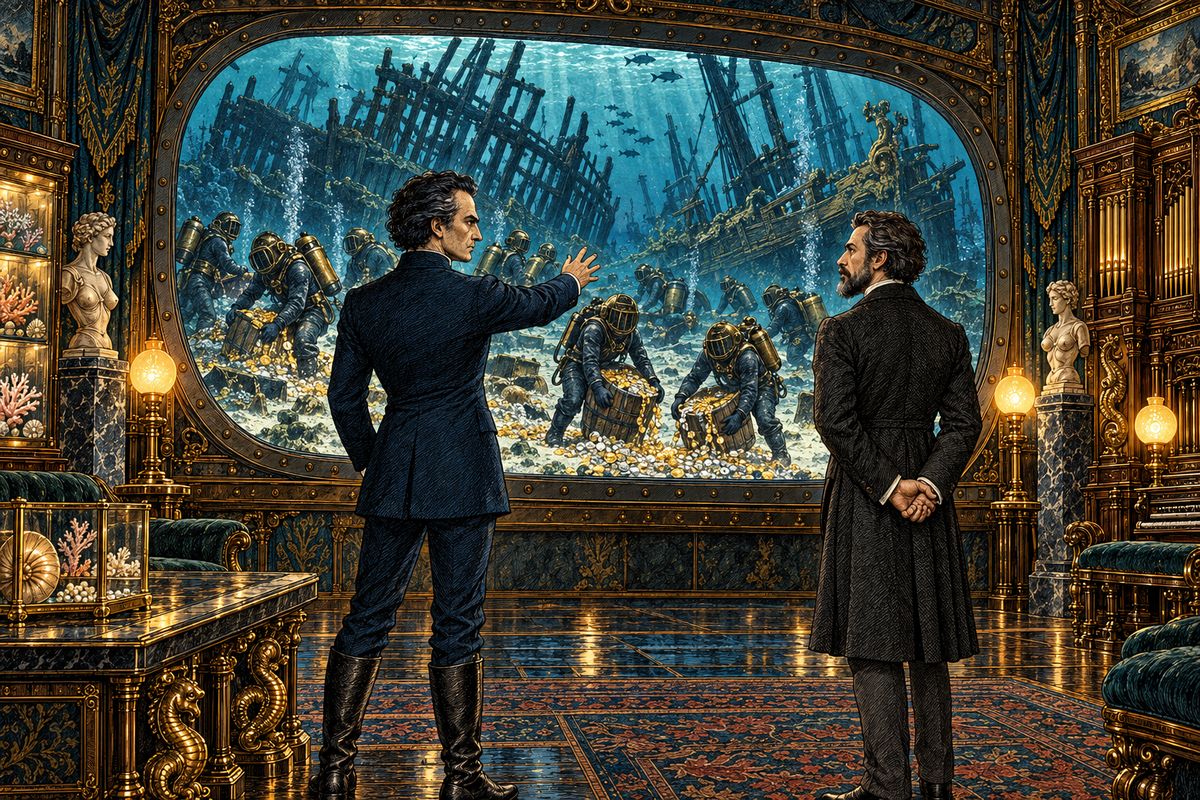 Nemo told how Spanish treasure galleons had been sunk in Vigo Bay in 1702, then opened the saloon windows. In the electric light, his divers were lifting gold and silver from the blackened wrecks. 'Do you think I am ignorant that there are suffering beings and oppressed races on this earth?' he said. The gold was for them.