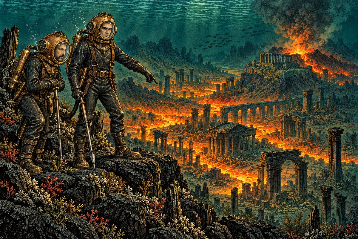 Ned's chance was gone, for the Nautilus now steered south-west, far from any land. The next midnight Nemo led Aronnax alone across the Atlantic floor without lamps, through a forest of stone trees and up a mountain. From the top they saw a volcano under the sea pouring out lava that lit a drowned city of temples and broken columns.