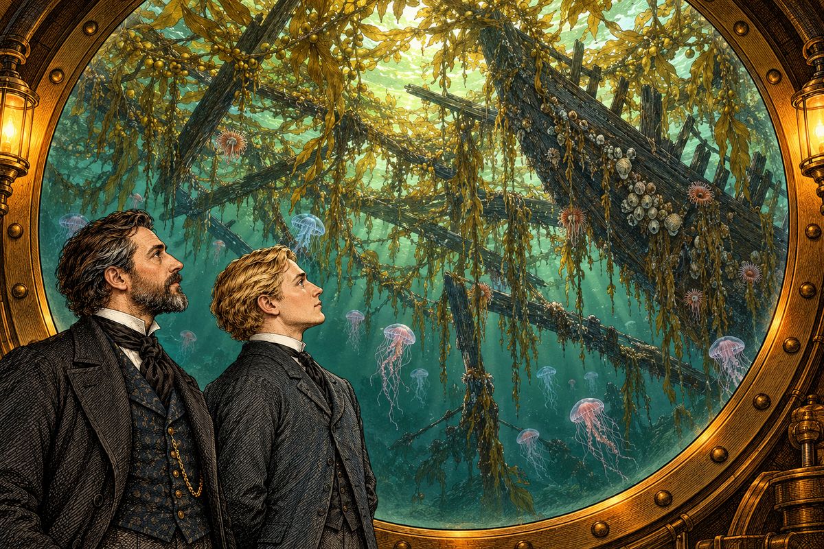 Leaving the Gulf Stream behind, the Nautilus slid a few yards beneath the still Sargasso Sea, a great lake of weed in the middle of the Atlantic. Above us hung a thick carpet of kelp, choked with drifting tree trunks and the broken timbers of lost ships, so crusted with shells that they could never rise again.
