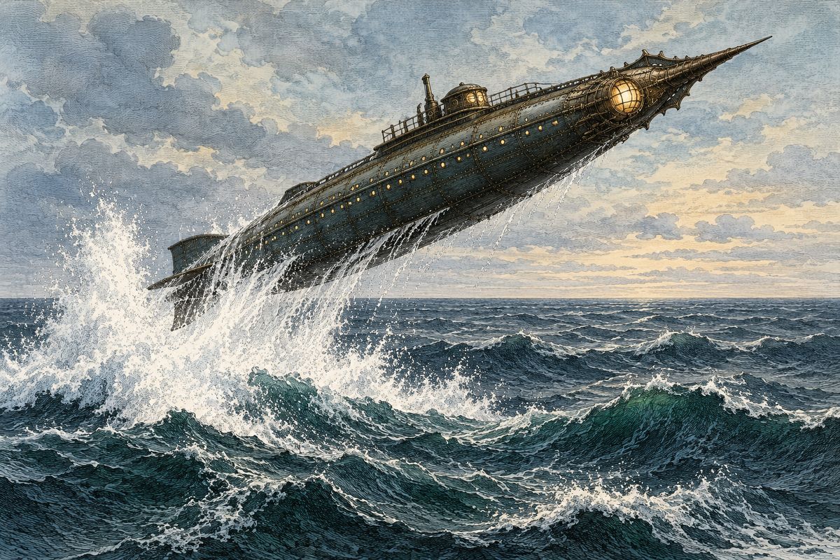 Weeks of empty ocean passed. Then Nemo sent his ship four leagues down, deeper than anyone had ever gone, until the steel plates groaned and the windows bent under the weight of the sea. "Hold well on," he warned. In four minutes we shot back up and burst out of the waves like a flying fish.
