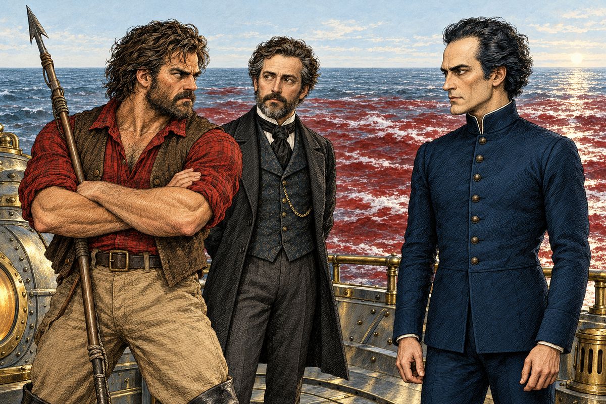 Nemo would not let Ned harpoon the gentle southern whales, but he drove the Nautilus's spur into the savage cachalots attacking them. For an hour the sea boiled; when we came up, it ran red for miles. "I am not a butcher," said Ned. "I am a hunter, and I call this a butchery."