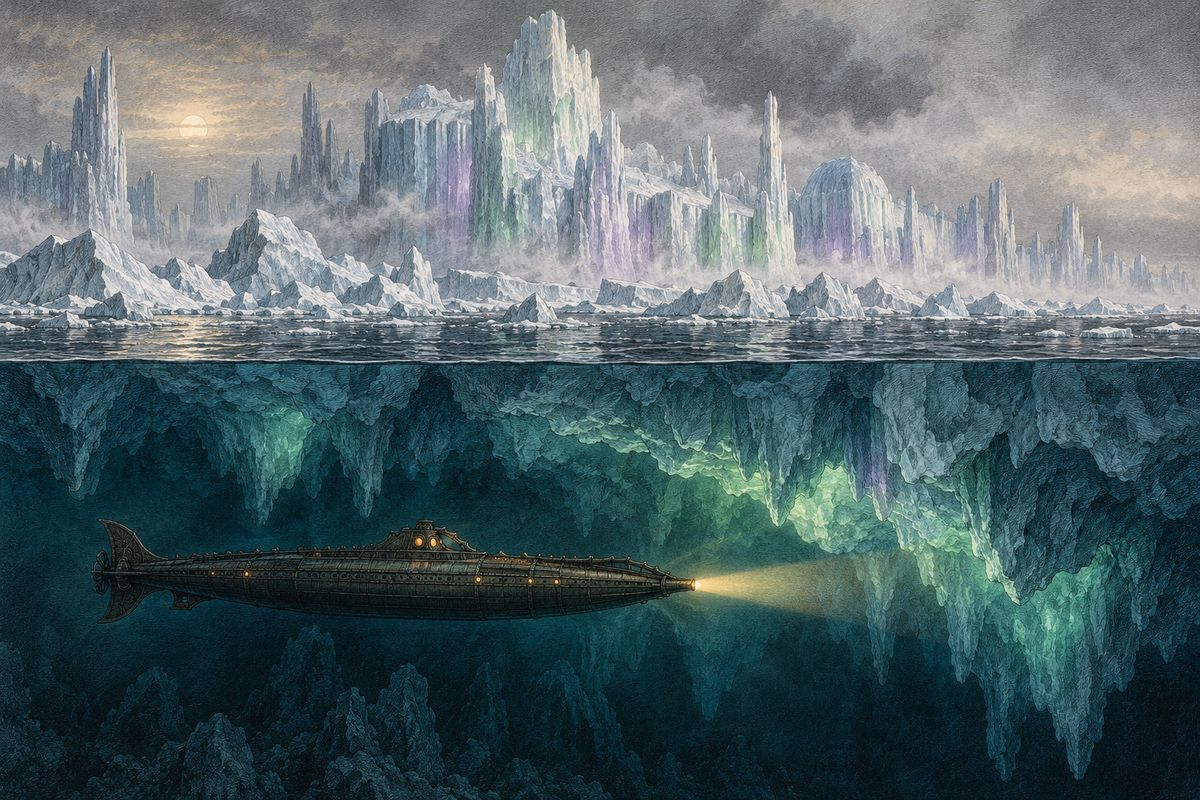 Further south, icebergs rose like towns of marble with minarets, until an endless ice wall blocked our way. Nemo simply dived beneath it. For two days we groped along the ice ceiling, hundreds of feet deep. Then, at six one morning, the Captain opened the saloon door. "The sea is open!" was all he said.