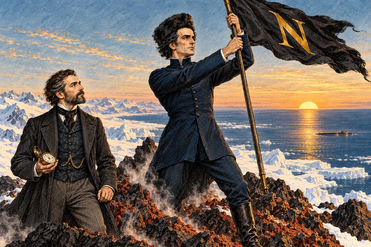 We reached a volcanic shore. Fog hid the sun for two days, but on 21 March Nemo climbed a peak and watched it sink until the horizon cut its disc exactly in half at noon. "The South Pole!" he said. Then he unfurled a black flag bearing a gold N and claimed the land in his own name.