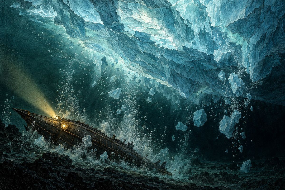 On 22 March the Nautilus dived beneath the great ice to head north. At three in the morning a violent shock flung Aronnax from his bed. A whole mountain of ice had turned over, struck the ship and thrown it onto its side. "An accident this time," Captain Nemo said gravely.