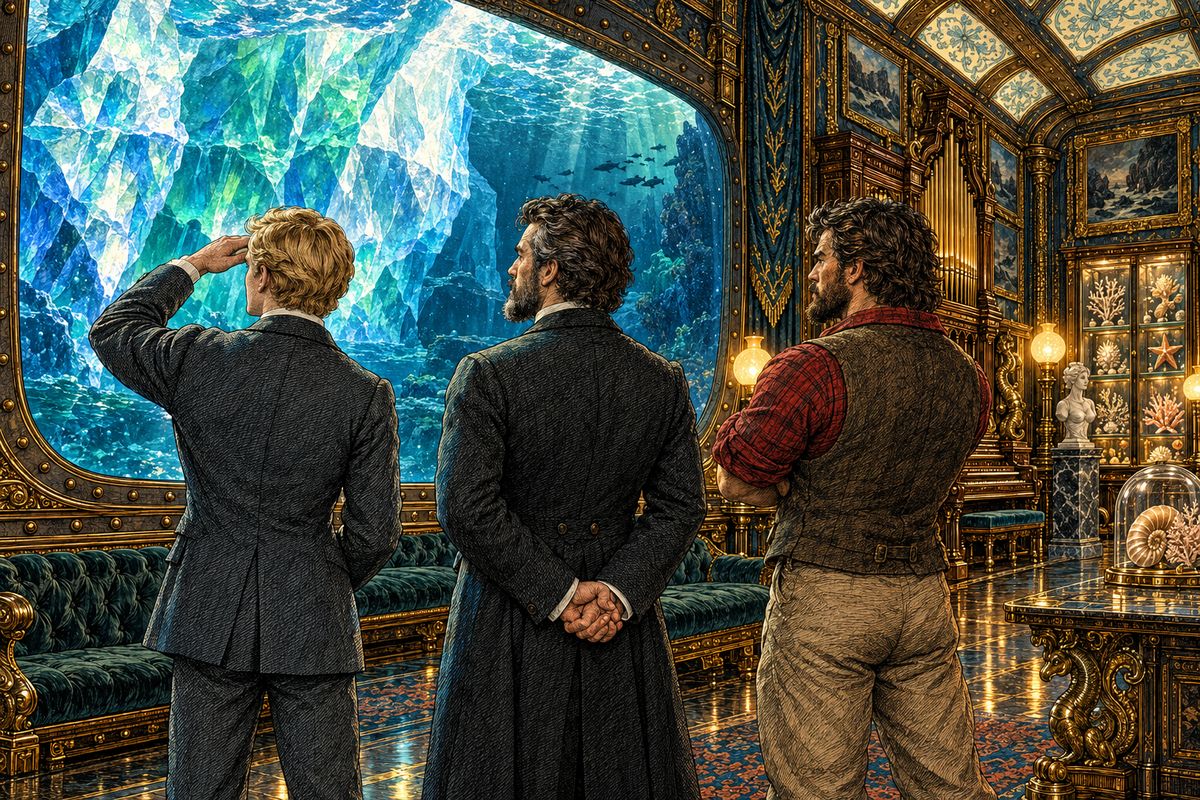 When the ship righted, the friends found themselves in a tunnel of ice that blazed like sapphires and emeralds in the lantern light, so bright that Conseil had to cover his eyes. But the tunnel was blocked ahead, and then behind. "In forty-eight hours our reserve of air will be exhausted," Nemo told them calmly.