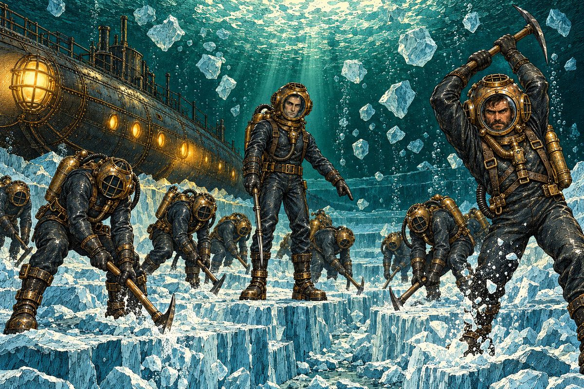 Ten yards of ice lay beneath the hull, so the crew put on diving suits and began cutting a vast trench in the ice floor. Ned Land offered his strong arms, and Aronnax and Conseil took their turns too. After twelve hours they had cut only one yard deeper, and the work would need four days.