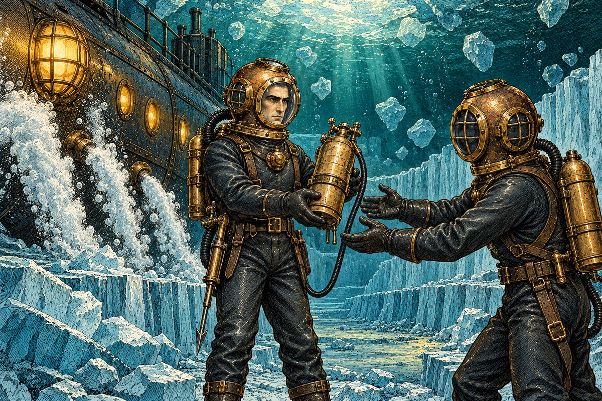 Then the water around them began to freeze and the ice walls crept toward the hull. Nemo had boiling water pumped out in jets, which held back the freezing sea. Inside, the air grew foul; outside, each worker passed on his air tank when his turn ended, and Nemo was always the first to give his up.
