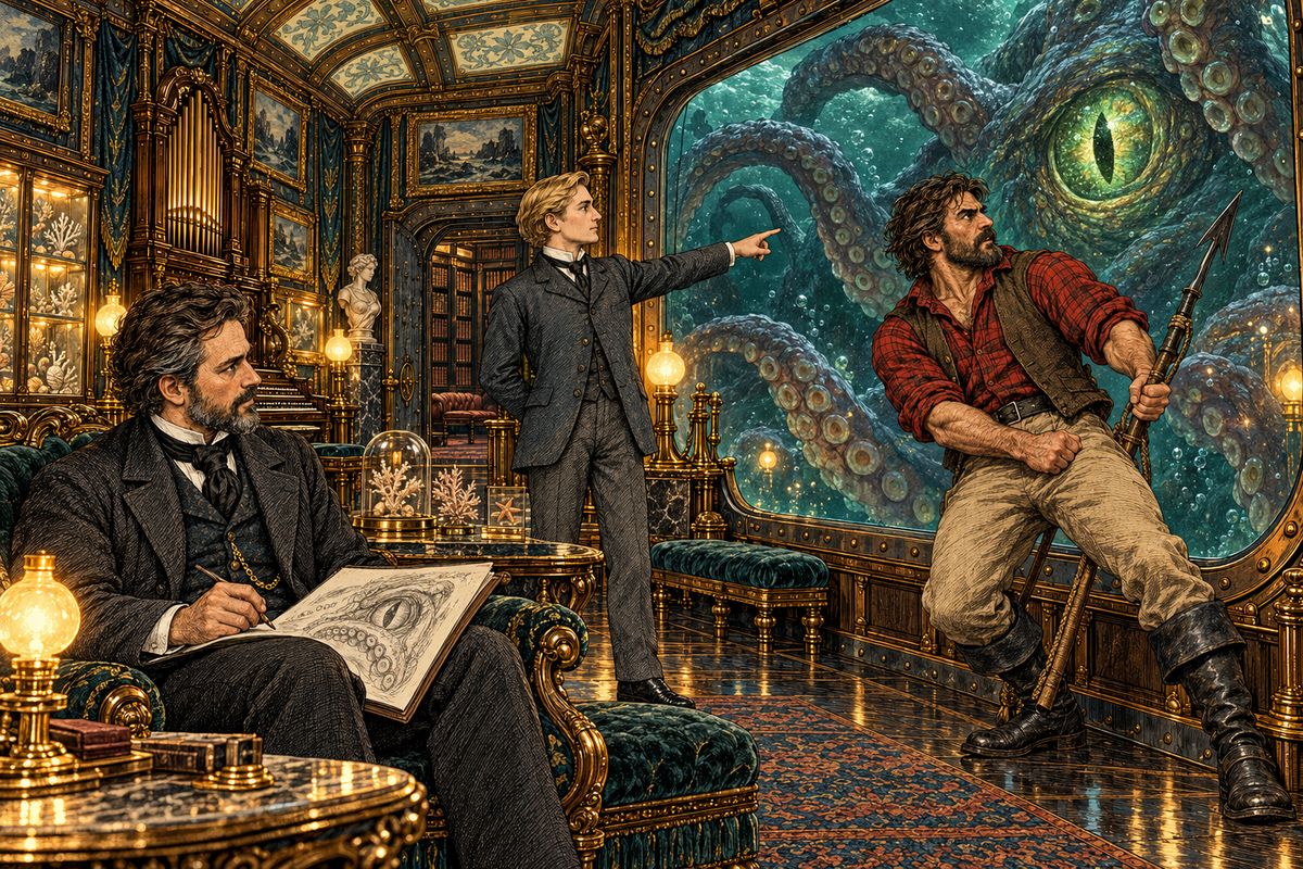 After six months and 17,000 leagues as prisoners, hope was running out, and Captain Nemo had grown grave and silent and kept away from them. Off the Bahamas, Conseil calmly pointed at the window. A huge poulp was swimming alongside, staring in with enormous green eyes. "What a horrible beast!" cried Ned Land.