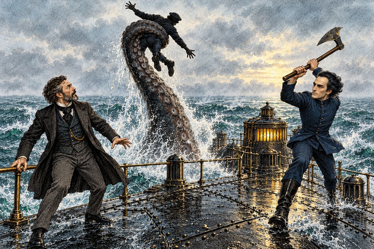 A poulp's jaws jammed the screw, so Nemo brought the Nautilus up to fight it, man against beast, with axes. When the hatch opened, a huge arm seized the seaman in front of him and swept him into the air. "Help! help!" the man cried, in French. Aronnax had a countryman on board!