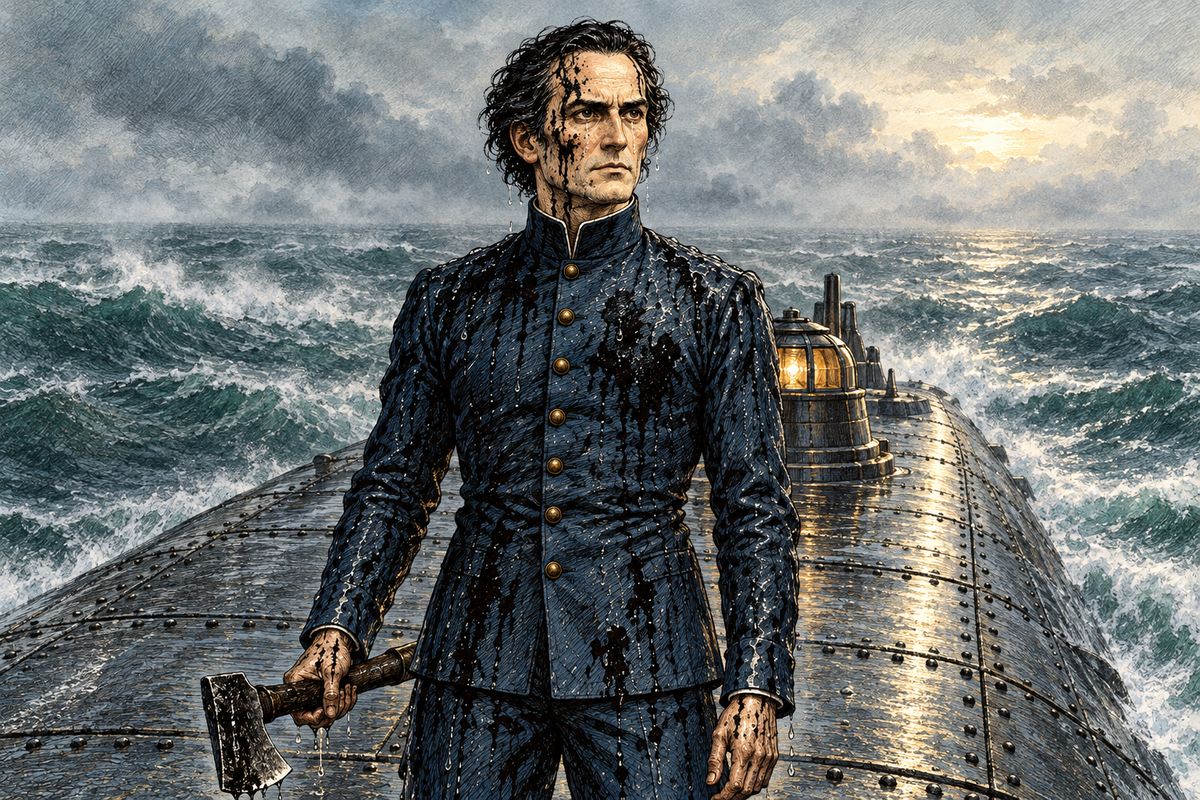 The beast squirted out a cloud of black ink, and when it cleared, the sailor was gone. The crew fought on, and when a beak opened over Ned Land, Nemo struck first with his axe and saved him. At last the monsters fled, and Nemo, soaked in blood and ink, gazed at the sea as tears filled his eyes.