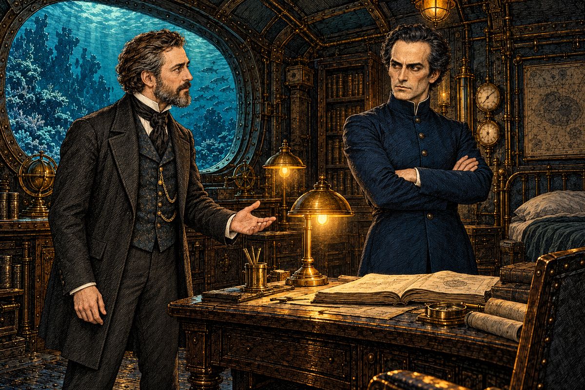 For ten days the Nautilus drifted in mourning, then followed the Gulf Stream north. Pressed by Ned, Aronnax went to see Nemo, who showed him the manuscript of his life, which would one day be sealed in a floating case. But when Aronnax asked for their freedom, Nemo replied, "Whoever enters the Nautilus must never quit it."