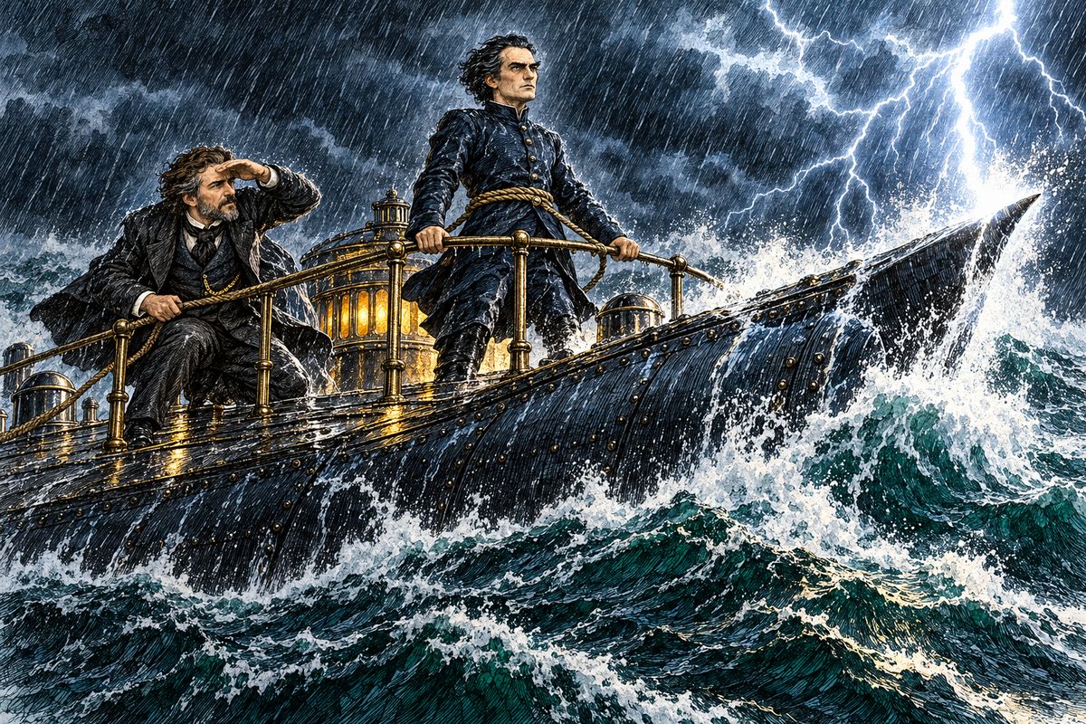 Off Long Island a hurricane broke. Ned's escape was impossible, and instead of diving, Nemo stood up to the storm on the platform, lashed down against the giant waves. At ten that night the sky caught fire, and as the bow reared up, lightning burst in sparks from the steel spur. Only at midnight did the Nautilus sink into calm water.