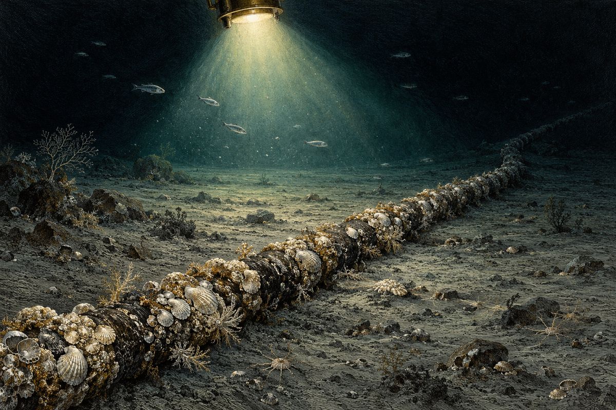 After the storm, the Nautilus wandered north-east through the fogs off Newfoundland. Far down on the sea floor, Aronnax saw the great Atlantic telegraph cable, crusted with shells. Conseil at first took it for a gigantic sea-serpent, until his master explained that it carried messages from Europe to America in a third of a second.