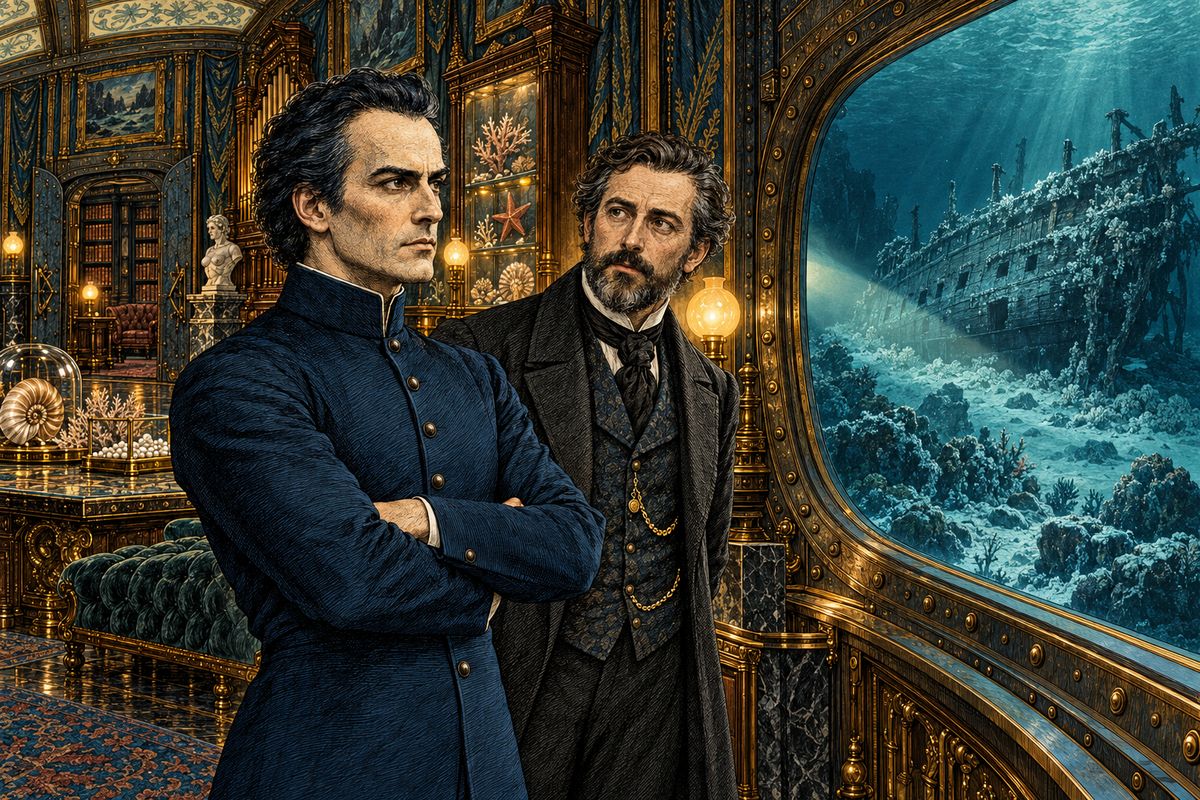 Off the coast of Europe, Nemo spent two days taking sightings of the sun until he said, "It is here." The Nautilus sank beside an old wreck white with shells. It was the Avenger, which had gone down seventy-four years before rather than surrender. "Yes, sir, the Avenger! A good name!" muttered Captain Nemo, crossing his arms.