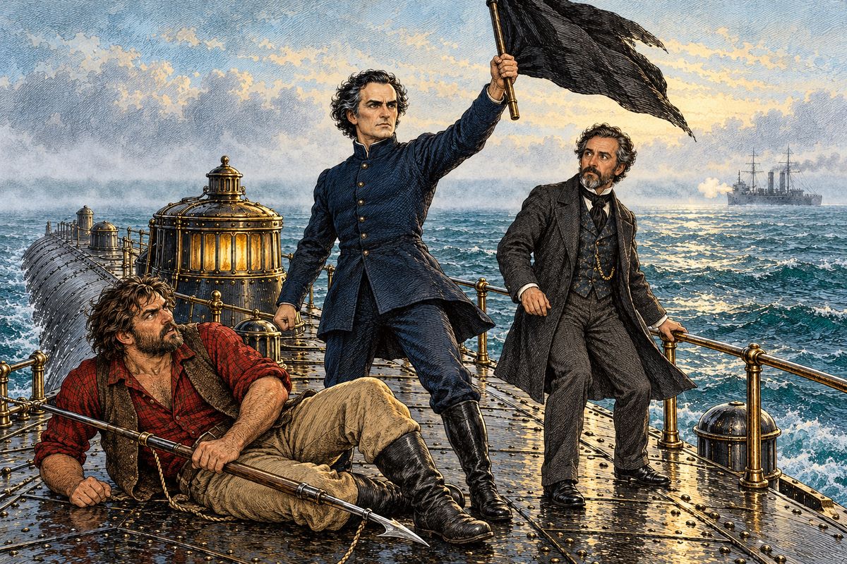 When they surfaced, a warship flying no flag began to fire on them. Ned tried to wave a handkerchief, but an iron hand struck him to the deck. Nemo unfurled his black flag and cried that this accursed nation had taken everything he loved: "Country, wife, children, father, and mother. I saw all perish!"