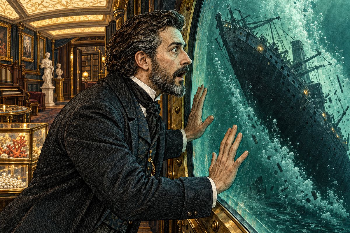 Nemo shut the three below and led the warship on all night. At dawn the Nautilus dived and drove its steel spur through her hull "like a needle through sailcloth." From the saloon window, Aronnax watched in frozen horror as the great dark ship sank past the glass, her lights going out one by one.