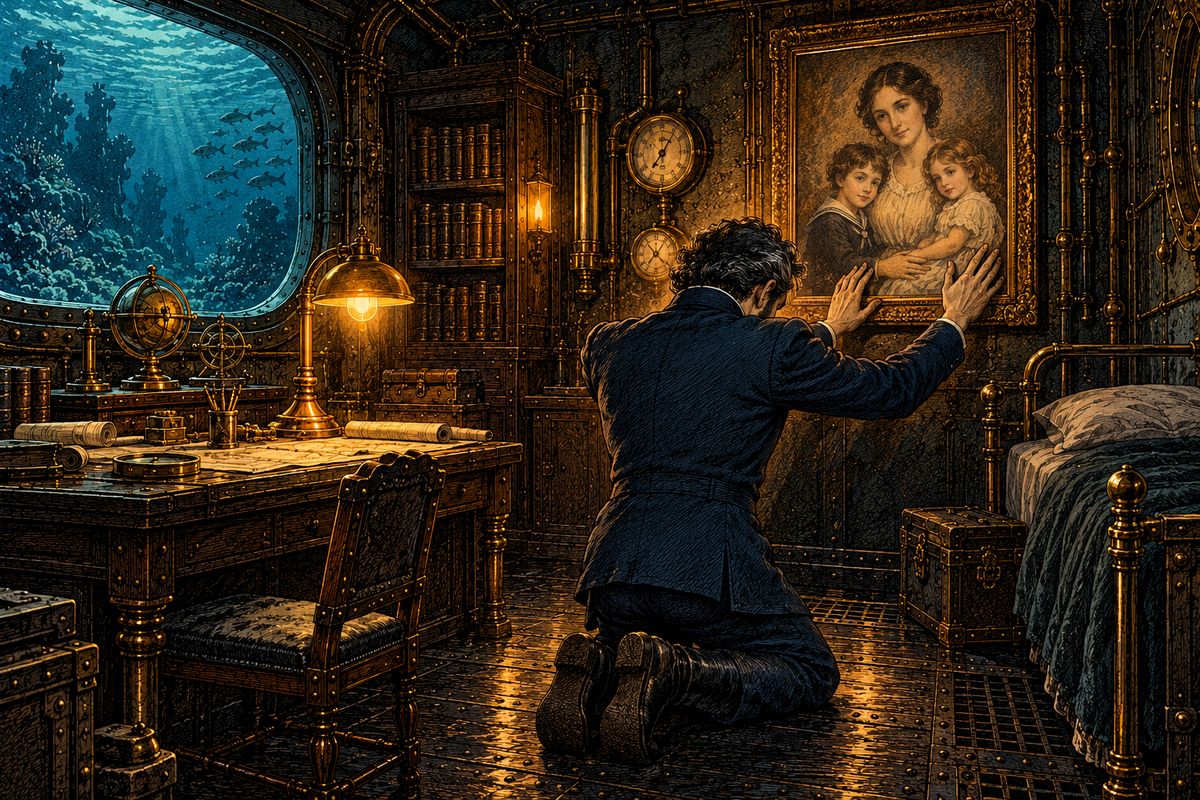 When it was over, that terrible avenger went into his room. On the wall beneath his heroes hung the portrait of a young woman and two little children. Captain Nemo looked at them for some moments, stretched his arms towards them, and, kneeling down, burst into deep sobs.