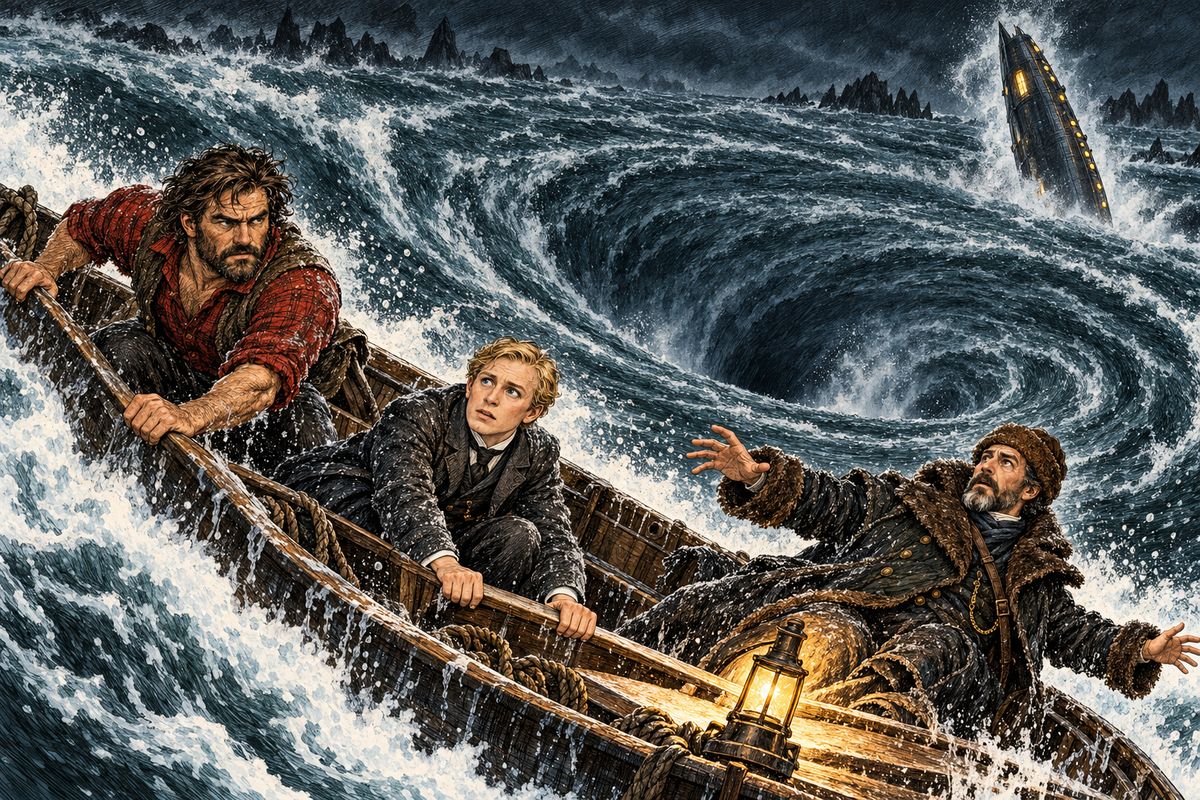 The three friends were inside the dinghy, loosening its bolts, when the crew began to shout one dreadful word: "The Maelstrom! The Maelstrom!" The Nautilus was spinning into the great whirlpool off Norway. The bolts gave way, the boat was flung into the whirlpool, and Aronnax struck his head and knew no more.
