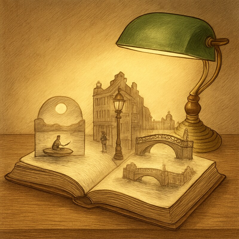An open storybook with a city street, a bridge and a boat on a moonlit river rising from its pages under a green desk lamp