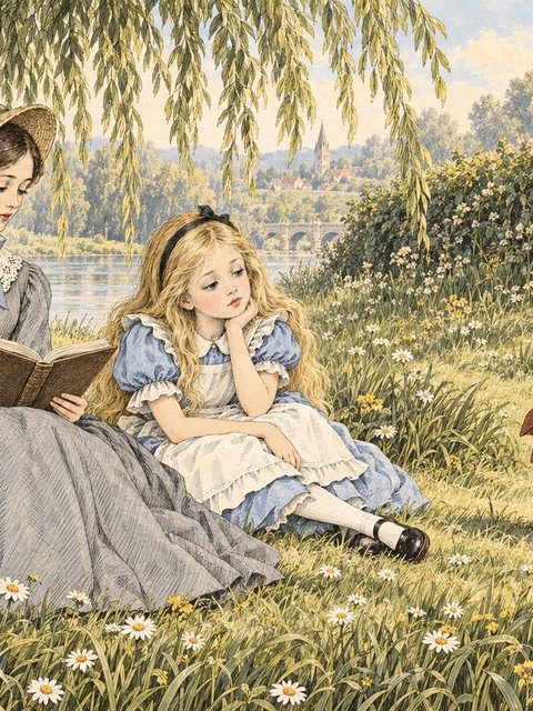 Illustration from Alice's Adventures in Wonderland: Alice was growing very tired of sitting on the bank beside her sister, whose book had no pictures or conversations in it.
