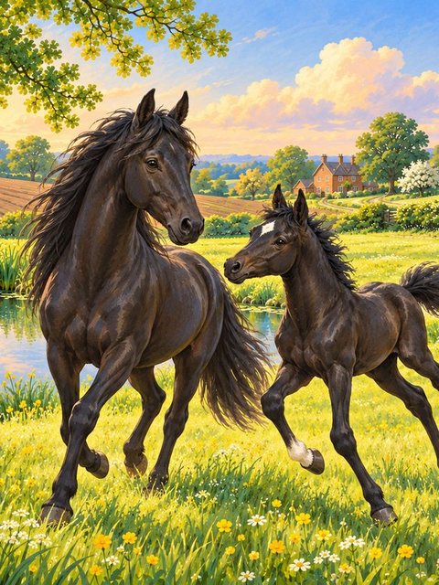 Illustration from Black Beauty: The first place I can remember was a large, pleasant meadow with a clear pond, shady trees and a running brook at the bottom.
