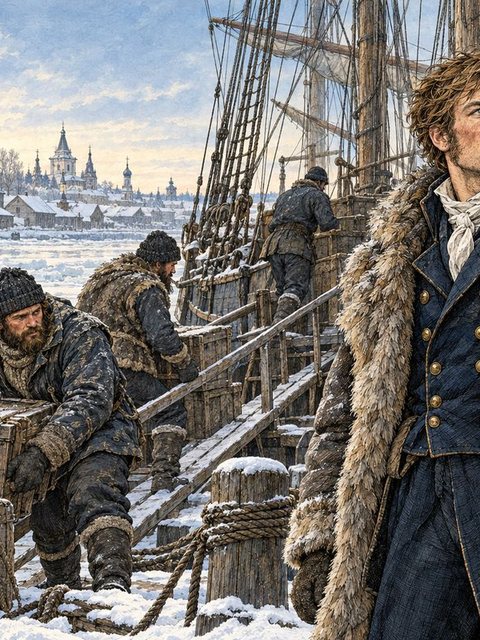 Illustration from Frankenstein: In the spring of 17—, Robert Walton, a young English captain, hired a ship at Archangel and signed on a crew of hardy whalers.
