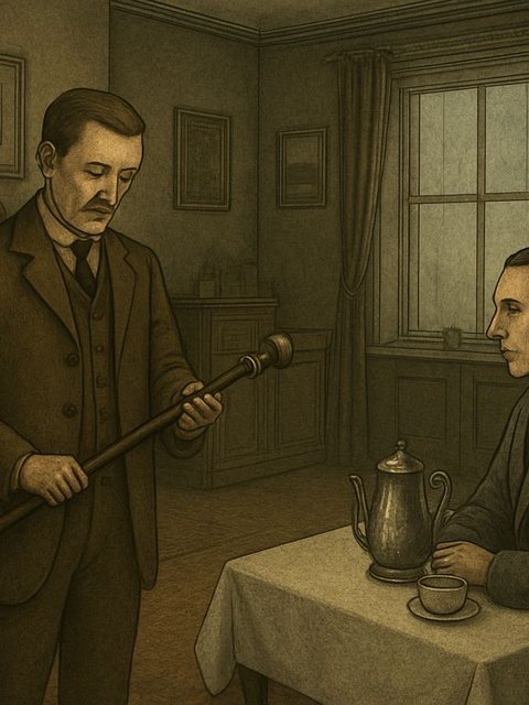 Illustration from The Hound of the Baskervilles: One morning at Baker Street, Watson picked up the walking-stick that a visitor had left behind the night before.